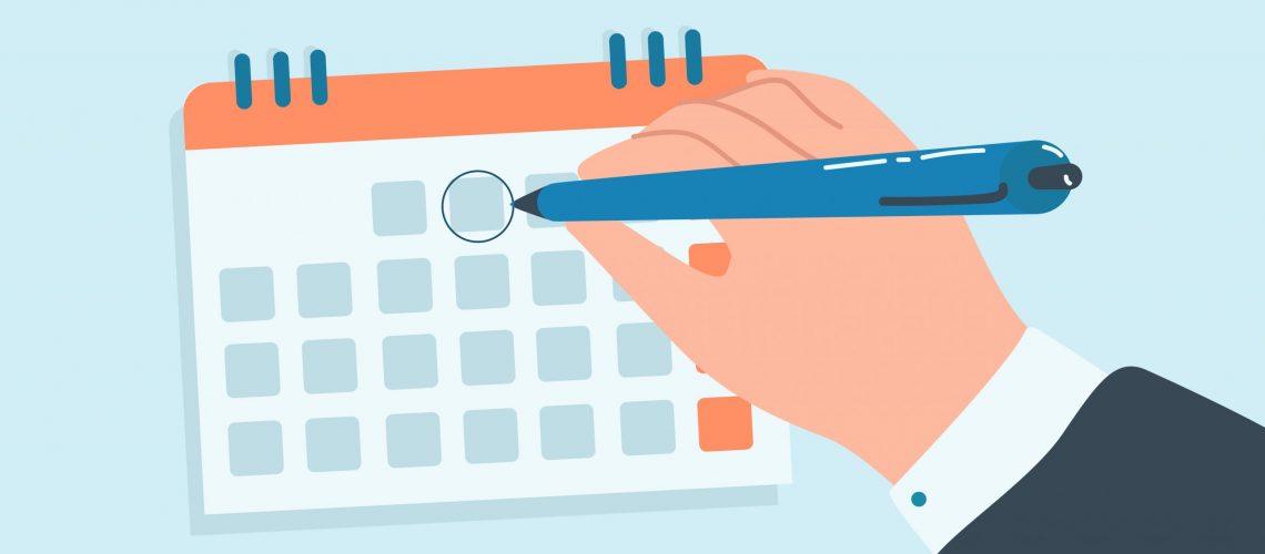 Employee checking date of important event, deadline in calendar. Person holding pen flat vector illustration. Time management, schedule, agenda concept for banner, website design or landing web page