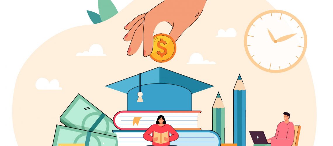 Tiny students sitting near books getting university degree and paying money. Education business flat vector illustration. College scholarship, finance system, school fee, economy, student loan concept